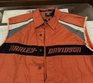 HARLEY DAVIDSON Shirt Vest Mens CutOff Fringe Sleeve Cotton Retro LOGO Buttons L - Picture 1 of 8