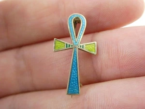 Vintage Art Deco Period Egyptian Revival 800 Silver Enameled Gilt Ankh Pin 1.2g - Picture 1 of 15