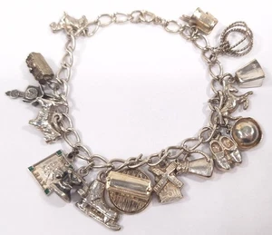 Vintage Sterlingsilber 0,925 7 Zoll Kettenglied Bettelarmband mit 16 Charms 42,3 g - Bild 1 von 18