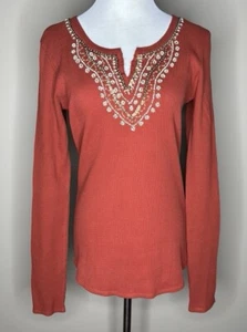 NEW Lucky Brand womens long sleeved thermal t-shirt orange with sequins size L. - Picture 1 of 5
