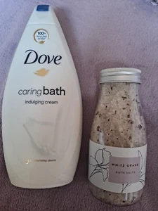 Dove Caring Bath Indulging Cream 450ml & White Grace Bath Salts 330g NEW - Picture 1 of 8