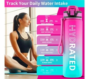 Motivational 32 Oz Water Bottle Time Marker BPA Free Leak Proof Water Bottles - Picture 1 of 8