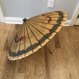 Vtg Parasol Paper Rice Umbrella Asian Japanese Bamboo Art Dragon 29" - READ - Picture 1 of 17