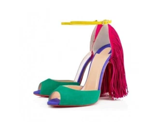 CHRISTIAN LOUBOUTIN Otrot 120 Pink Green Fringe Color-bloc Tassel Heel 39.5/ 9.5 - Picture 1 of 9