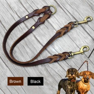 Soft Genuine Leather Dog Leash Coupler Double Walking Leash for Two Dogs Brown  - Picture 1 of 14