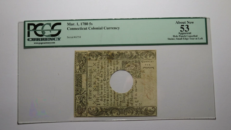 1780 Five Shillings Connecticut CT Colonial Currency Note Bill NEW53 PCGS 5s - Image 1 of 3
