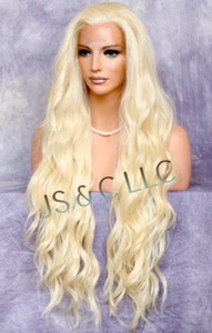 Echthaar Mischung Full Lace Front Perücke lang blassblond wellig Hitze OK 613 MT - Bild 1 von 6