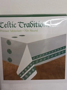 CELTIC TRADITIONS TABLECLOTH 70" Round White/Green Celtic Print Accents NEW Pkg - Picture 1 of 2