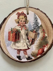 Handmade Wood Vintage 50s Old-Fashion Inspired Girl Presents Christmas Ornament - Picture 1 of 7