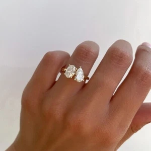 2.00 Ct Oval & Pear Cut Lab Grown Diamond Toi et Moi Ring Solid 14kt Yellow Gold - Picture 1 of 19
