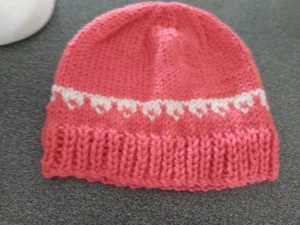 Childs Hand Knitted Hat - Pink & White - Picture 1 of 1