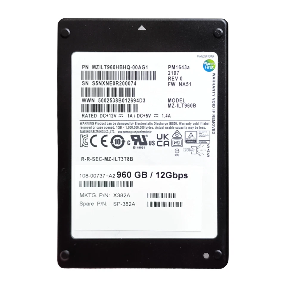NetApp Samsung MZ-ILT960B 960GB Read Intensive SFF 2.5in SAS-3 12G SSD 108-00737 - Image 1 of 1