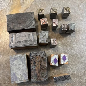 16 VTG Metal Letterpress Printing Blocks- Man Portrait Dancers Cross Shield Book - Picture 1 of 7