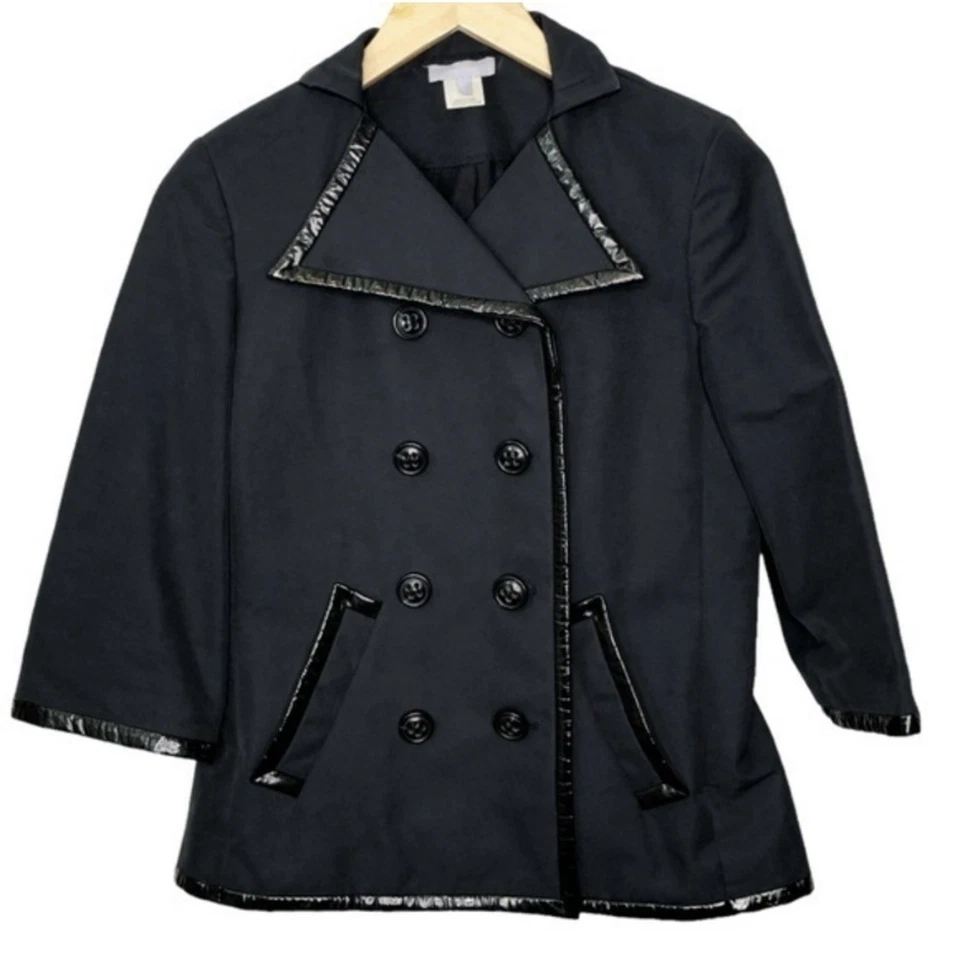 Authentic Vera Wang Cropped Black Trench Jacket Lamb Leather Trim Size 4 - Image 1 of 4