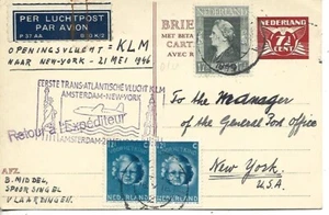 1946 NETHERLANDS FIRST FLIGHT ON  POSTAL STATIONERY CARD COVER  AMSTERDAM TO NY - Picture 1 of 2