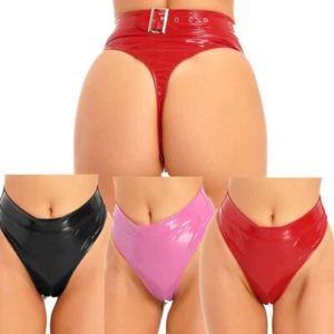 UK Womens High Waist Patent Leather Thong Wetlook Bikini Briefs Panties Clubwear - Picture 1 of 34