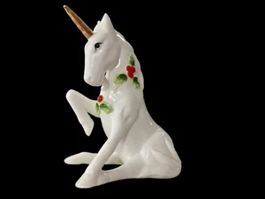 Vtg Enesco Porcelain UNICORN Figurine White Gold Horn Holly Berry Christmas - Picture 1 of 7