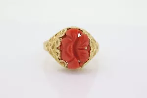 18k Large Carved Orange CORAL ring. 18k Coral Flower Texture set statement ring. - Picture 1 of 6