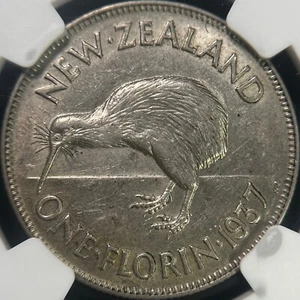 NEW ZEALAND. 1937, Florin, Silver - NGC AU55 - KGVI, Kiwi, Semi-Key - Picture 1 of 8