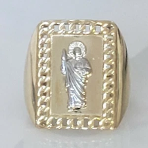 Big Wide solid 14k yellow Gold saint Jude Judas Ring S 10.5 diamond cut - Picture 1 of 12