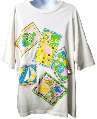 Vintage Graphic Boxy Neon Shirt L XL Tee Silver Sparkle Fish Flamingo Fruit 80s - Image 1 of 4