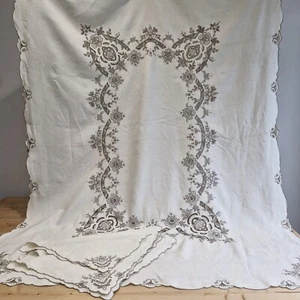 JUEGO DE MANTEL VINTAGE BORDADO A MANO LINO CORTE FLORAL BANQUETE - Imagen 1 de 14