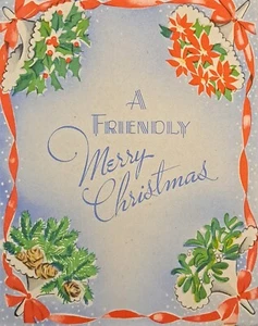 Tarjeta de Navidad de colección Gibson Holly Poinsettia conos de pino borde de cinta roja 5x4 - Imagen 1 de 3