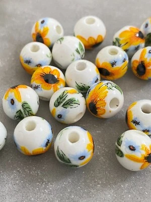 20pcs floral, sunflowers, porcelain beads, round, 10mm - Image 1 of 3