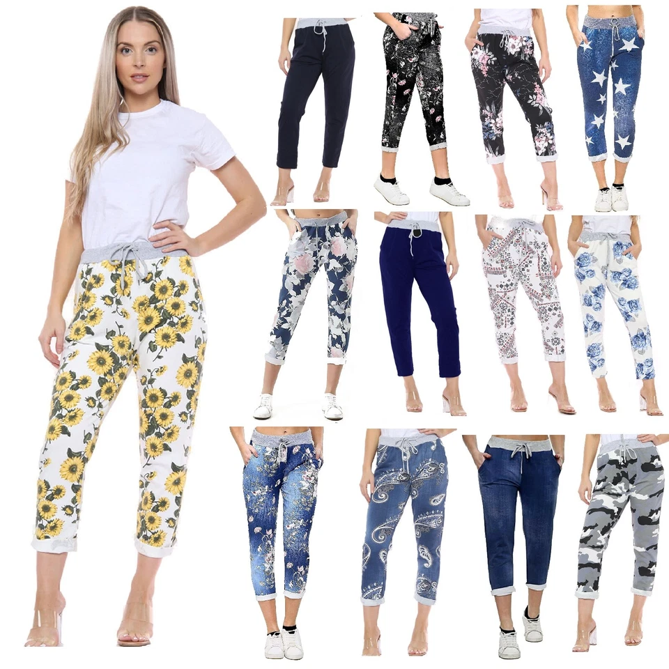 Ladies Italian Cotton Trousers Star Flower Denim Print Magic Joggers Yoga Pants