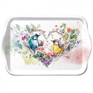 Deko Tablett 13x21cm Melamin mit Vogelpaar Motiv - Serviertablett Weiß Bunt - Bild 1 von 1