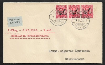 TIRA DE CORREO AÉREO ISLANDIA REYKJAVIK A STYKKISHHOLMUR DE 3 EN CUBIERTA DE PRIMER DÍA 1928 - Imagen 1 de 2