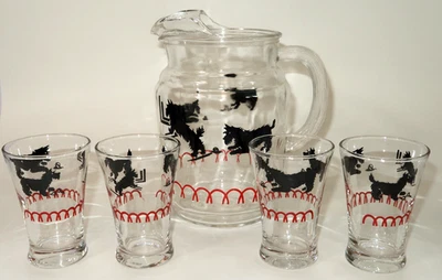 Jarra de vidrio Scottie Dog vintage y juego de 4 vasos de jugo bebida Scottish Terrier Foto 1 de 4