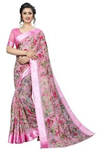 Women's Linen Blend Printed Saree With Unstitched Blouse Piece, Pink Color