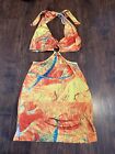 Women’s Groovy Funky Colorful Halter Neck Backless Bodycon Mini Dress Size M