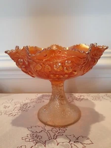 STUNNING RARE VINTAGE CARNIVAL GLASS COMPOTE WITH CHERRY & FLORAL DESIGN, MINT! - Picture 1 of 12