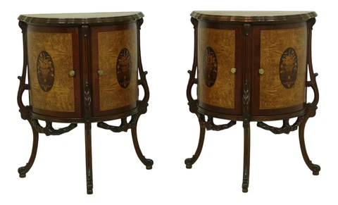 F51913EC: Pair French Louis XV Style Inlaid Walnut Commode Nightstands Cover
