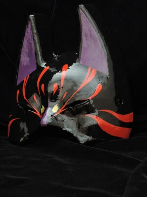 Komendo Goku Half Face Hand Painted Fox Mask Kitsune Paper Black Japan New - Image 1 of 4