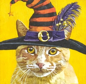 R596# 3 x Single Paper Napkins Decoupage Craft Cat Head With Halloween Witch Hat - Picture 1 of 4