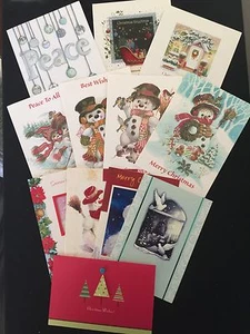 Lot 12 Christmas Holiday Cards With Envelopes Santa Snowmen Sleigh Peace - Picture 1 of 2