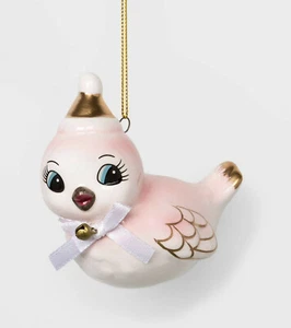 Retro CUTE Ceramic Pink Bird Ornament Gold Santa Hat Wondershop 2019 - Picture 1 of 5