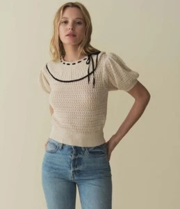 NWT Dôen Glenda Sweater Size XS Cream Pima Cotton Hand Knit Ruffled Doen - Picture 1 of 14