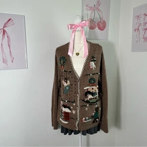 Vintage 90s Christmas Brown Embroidered Knit Button Sweater Cardigan Womens XL - Picture 1 of 9