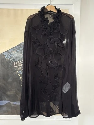 BLUSA ESCOTE BABERO CON VOLANTES DE GASA SEDA NEGRA TRANSPARENTE ESCADA 46 L Foto 1 de 4