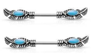 Nipple Ring Tribal Feather Turquoise Enamel Wing Barbell Sold as a pair - Picture 1 of 1