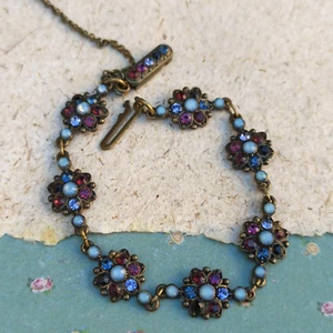 Michal Negrin Delicate Bracelet Purple Light Blue Floral and Swarovski Crystals - Picture 1 of 15