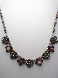 Contemporary Choker Necklace Gold Tone Metal Beads Cream Tan Caramel Cabochon's - Picture 1 of 12