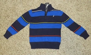 Nautica Boys Blue Striped Pullover Zip Neck Cotton Sweater - Size S (4) - NWT - Picture 1 of 3