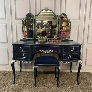 Olympus Dressing Table Navy Blue & Silver Dressing Table with Stool and Mirror