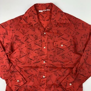 VTG 70s SKYR Long Sleeve Button Up Shirt Mens Large Red Ski All Over Print - Picture 1 of 9