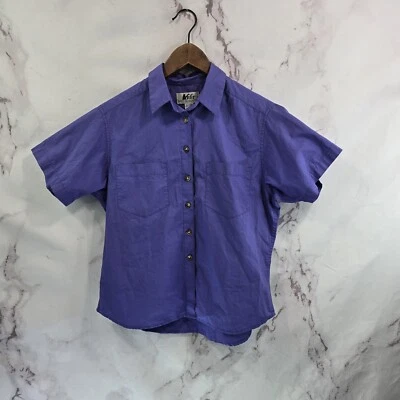 Camisa REI Mujer Mediana Púrpura Botón Manga Corta Algodón Vintage Campamento Años 90 Cuadrada Foto 1 de 4